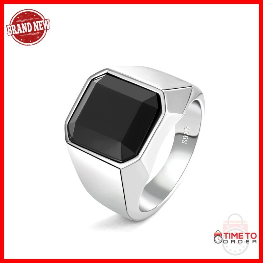 Sterling Silver Black Agate Signet Ring, Sizes 6-13, Unisex Vintage Style